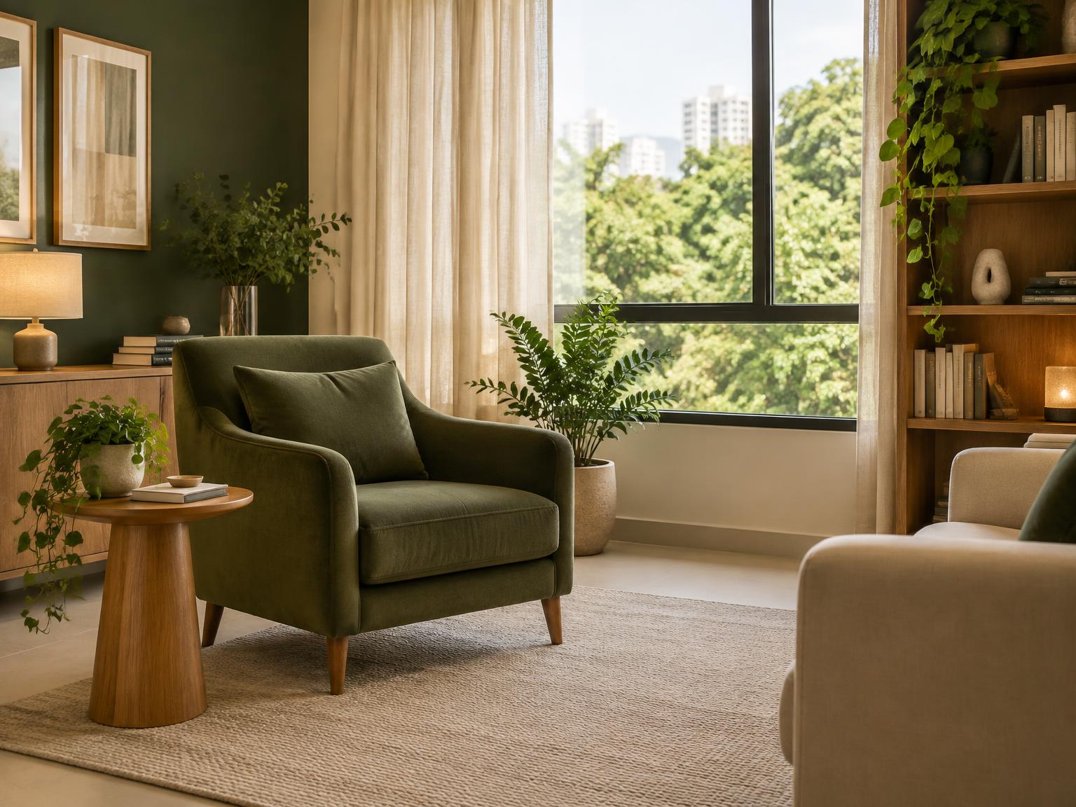 Consultório acolhedor com poltrona verde, madeira e luz natural