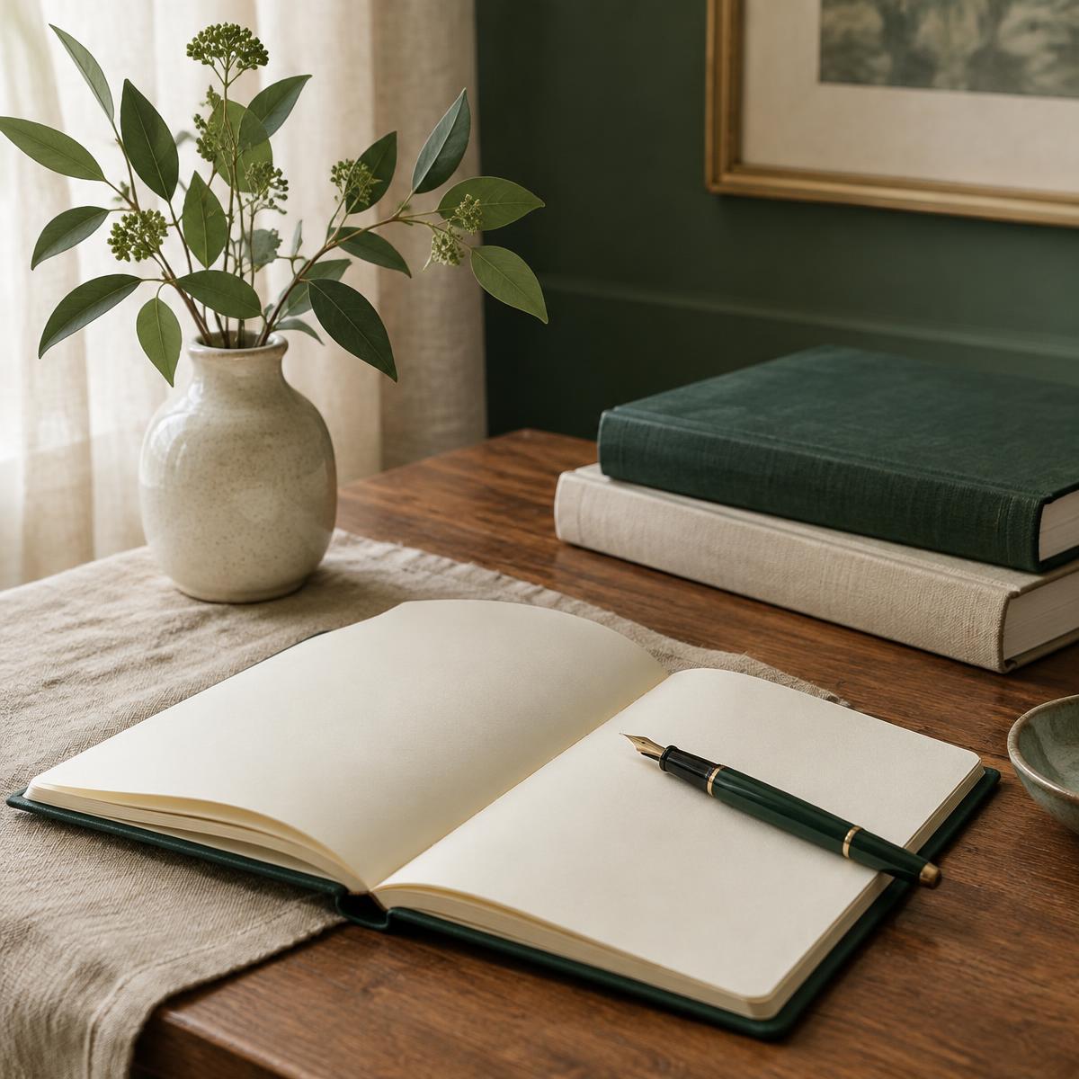 Caderno aberto, livros e folhas em um ambiente tranquilo
